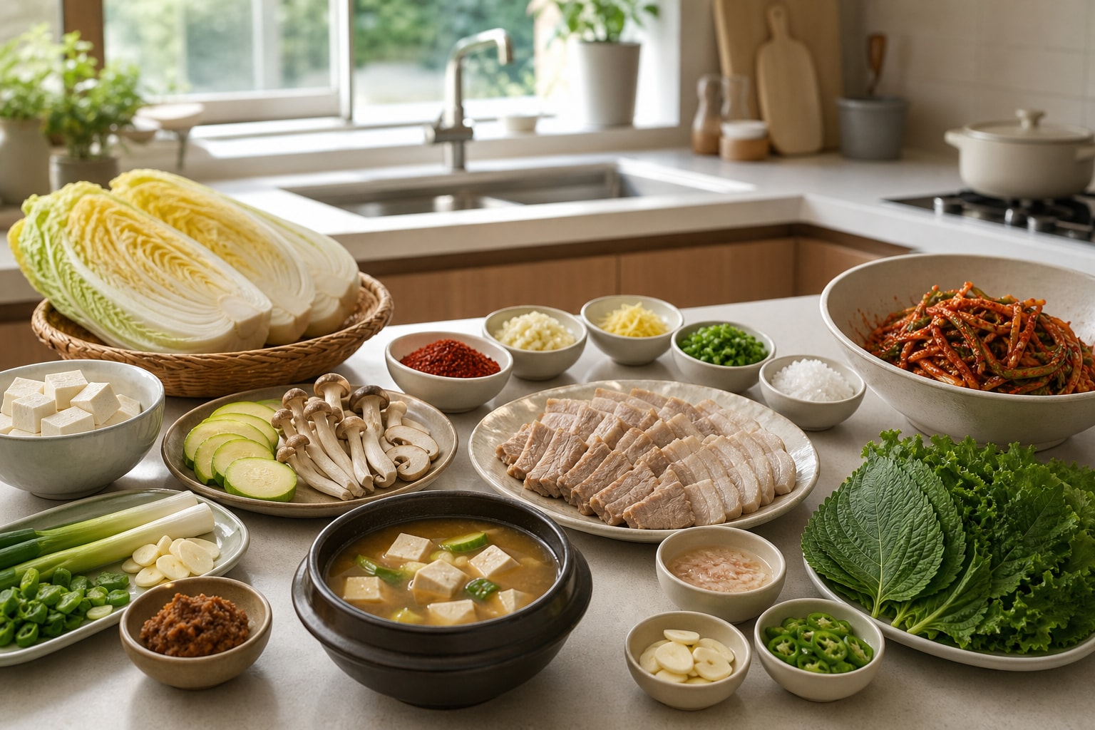 알배기 배추를 된장국과 겉절이, 보쌈 재료로 떠올릴 수 있는 주방 이미지