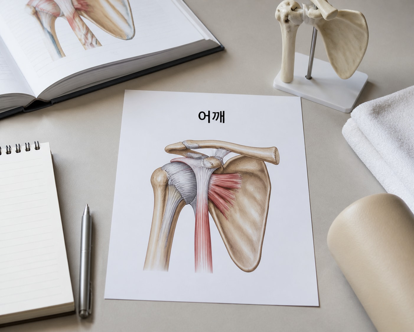 어깨 앞으로 말림과 상완골 전방 활주를 다루는 근신경계 재활 교육 콘셉트 이미지