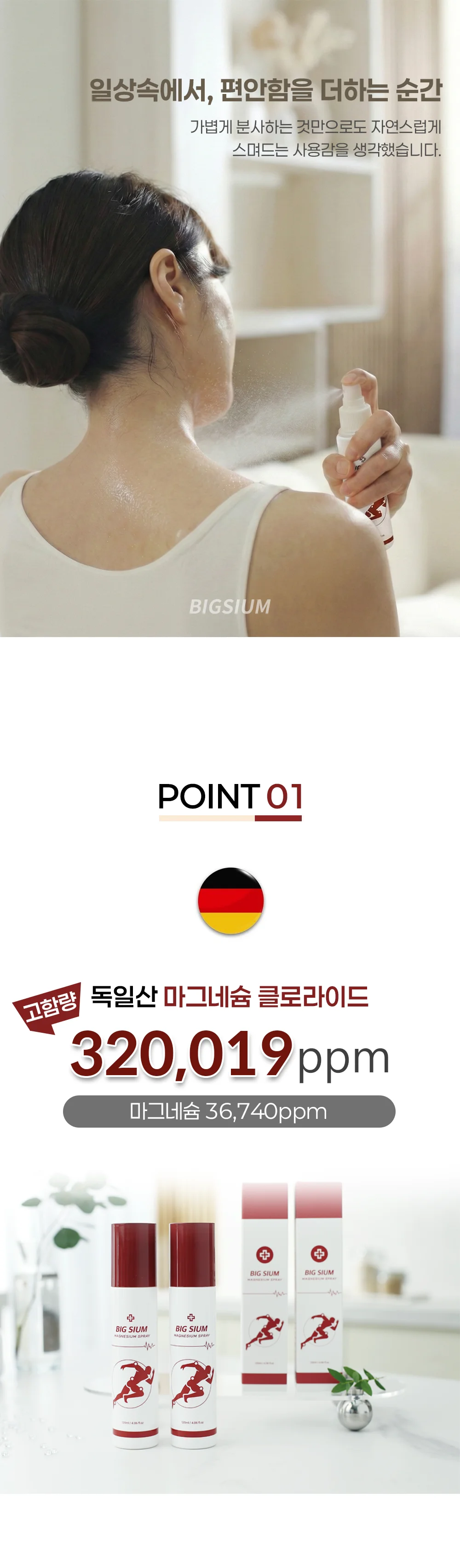 어깨에 스프레이를 분사하는 장면과 마그네슘 클로라이드 320019ppm 안내