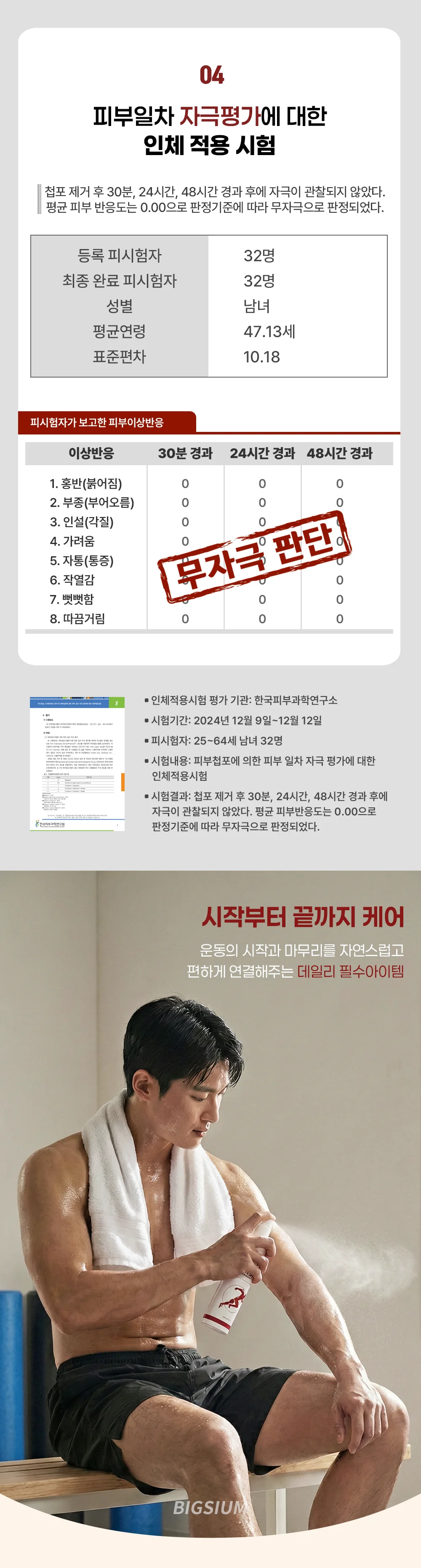 피부 일차 자극 평가 무자극 판정과 운동 후 팔에 분사하는 사용 장면