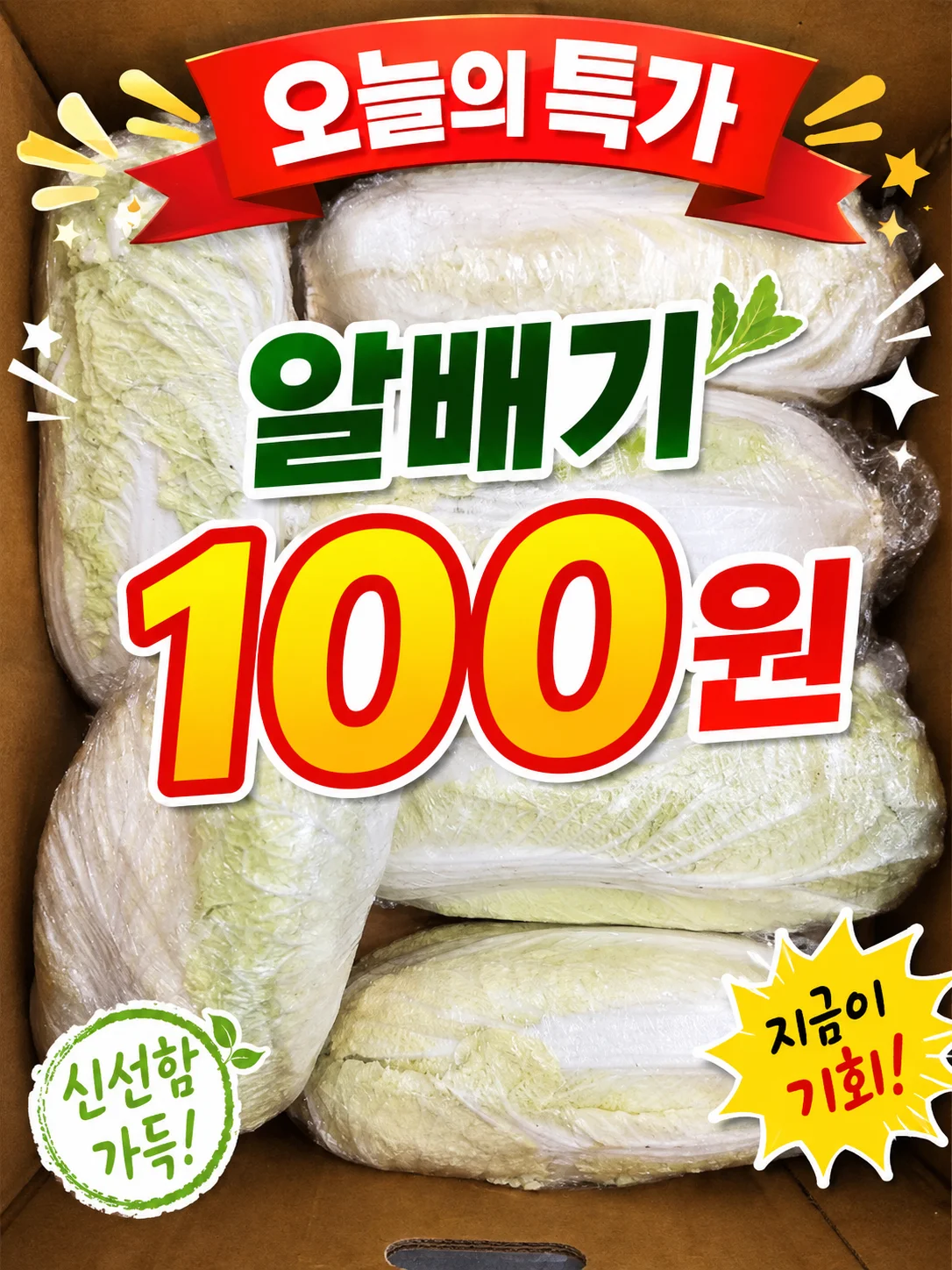 상자에 담긴 알배기 배추와 100원 특가 문구