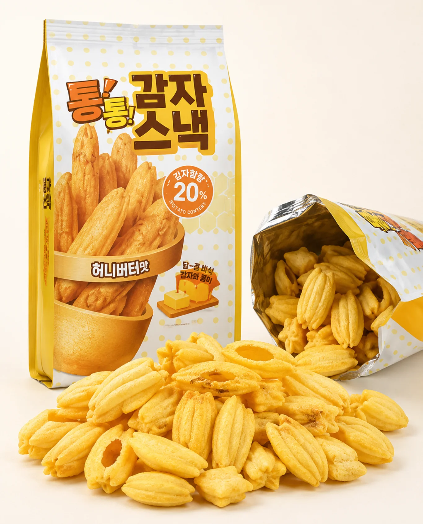 통통 감자스낵 허니버터맛 포장과 개봉된 스낵 내용물
