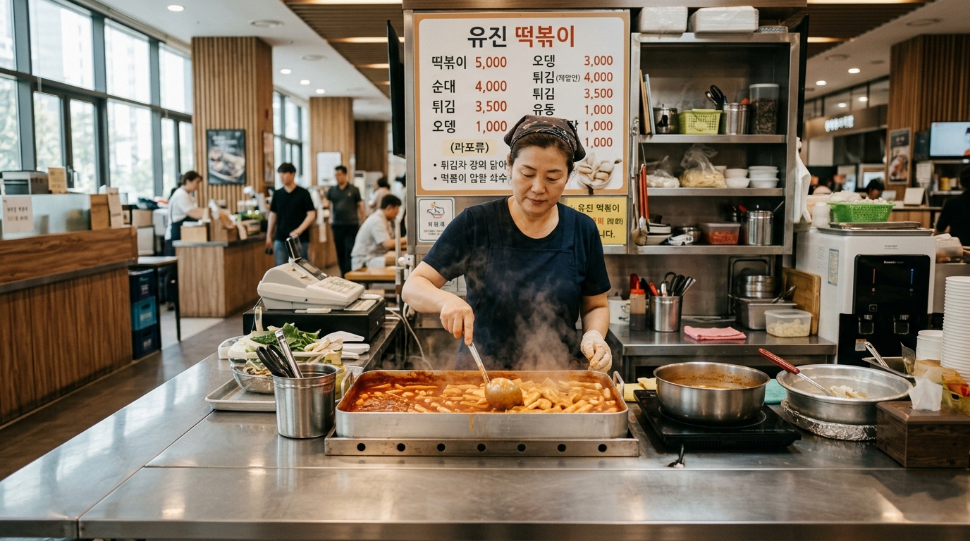 떡볶이, 순대, 튀김, 오뎅 메뉴판이 보이는 분식 조리 매장