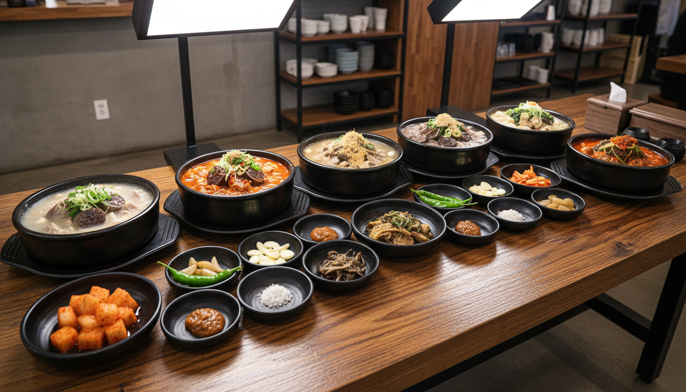 뚝배기 국밥과 김치, 깍두기, 고추, 마늘이 놓인 한식 메뉴 구성